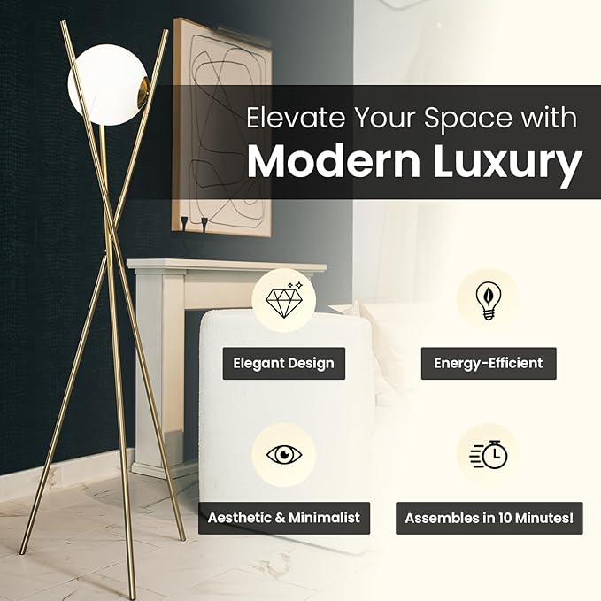Ozarke Solstice Modern Frosted Glass Globe Floor Lamp (165cm) Contemporary LED Dimmable Lighting for Bedroom, Living Room, Hotel & Home Office (Gold)