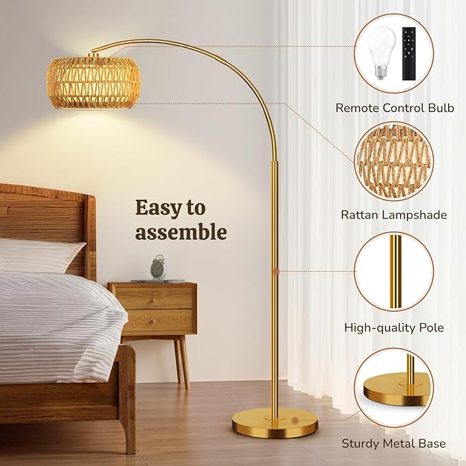 Gold Floor Lamps for Living Room, Arc Floor Lamp with Remote & Dimmable Bulb, Boho Standing lamp with 3 Color Temperatures, Adjustable Rattan & Fabric Shades Tall Lamp, Over Couch Reading Lamp