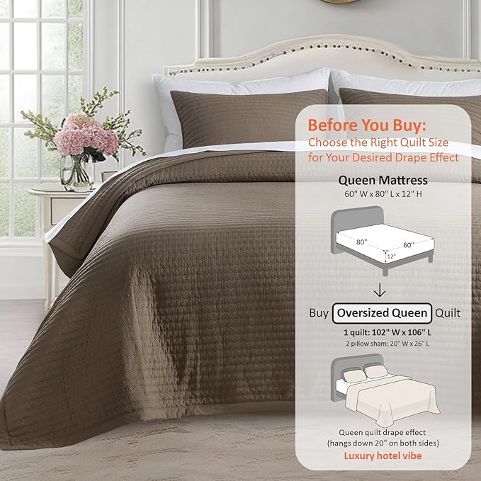 KASENTEX Oversized Queen Quilt Set 102"x106" – Soft Washed 3-Layer Lightweight Bedspread, Minimalist Nordic Design, All-Season Spring & Summer Quilt Set (1 Quilt + 2 Pillow Shams), Cub