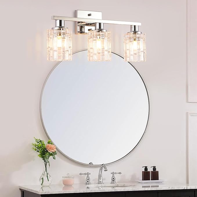 3 Light Silver Chrome Bathroom Vanity Light Over Mirror, Modern Vanity Lighting with Crystal Glass Shade, Wall Mount Bathroom Light Fixtures, E26 Base