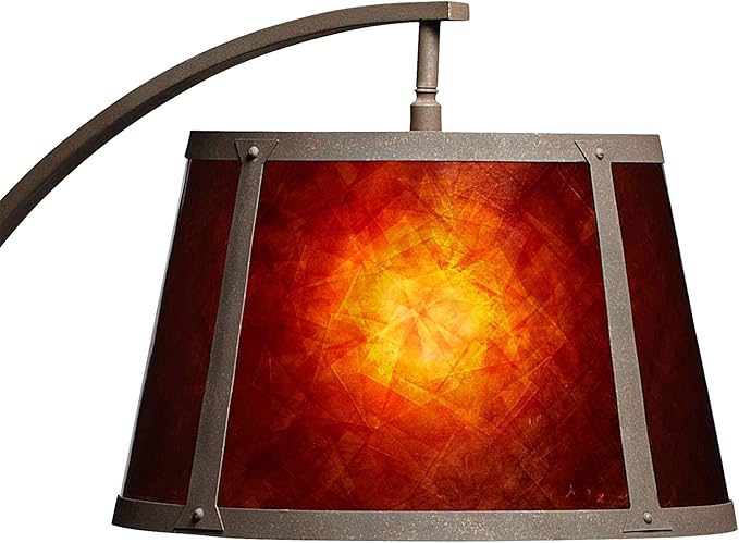 Franklin Iron Works Oak River Rustic Farmhouse Mission Arc Floor Lamp Standing 66 1/2" Tall Dark Rust Natural Wood Amber Mica Drum Shade for Living Room Reading Bedroom Office House Home Decor