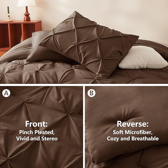 CozyLux Full Size Comforter Sets Brown, 7 Pieces Pintuck Bed in A Bag Brown Comforter Full Size, Pinch Pleat Bedding Sets with All Season Comforter, Sheets, Pillowcases & Shams