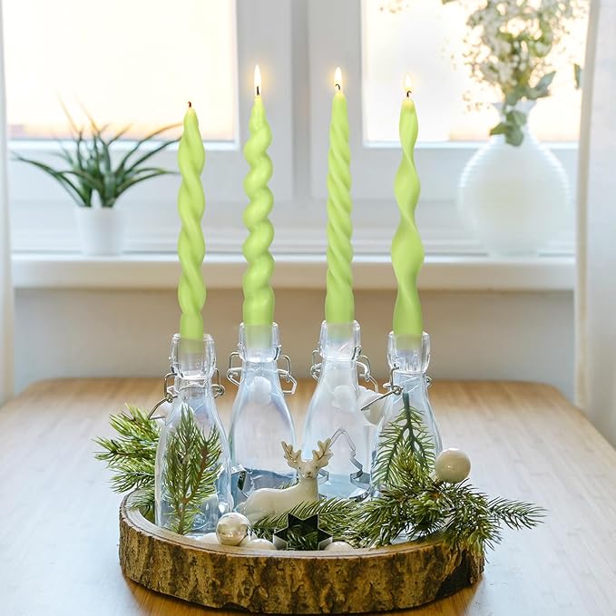 Nuanchu 4 Pcs 7.87 Inch Twisted Taper Candles Wax Unscented Smokeless Spiral Swirl Candlesticks for Wedding Holiday Dinner Party Home Decorations (Sage Green)