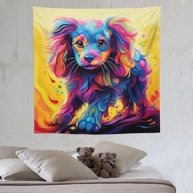 VUMIVI Colorful Cute Dog Tapestry Rainbow-Hued Oil Painting Pet-Themed Abstract Art Print Tapestry Wall Hanging for Living Room Bedroom Dorm Classroom Aesthetic Decor W60xL60in