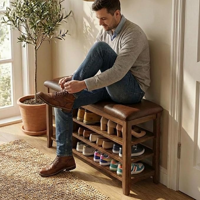 Solid Rubberwood Shoe Bench with Cushion, 3-Tier Entryway Bench with 14.6" Tall Boot Storage, Adjustable Shelves Shoe Rack Bench Used for Mudroom, Bedroom, Hallway, Walnut Finish (39.4" W)