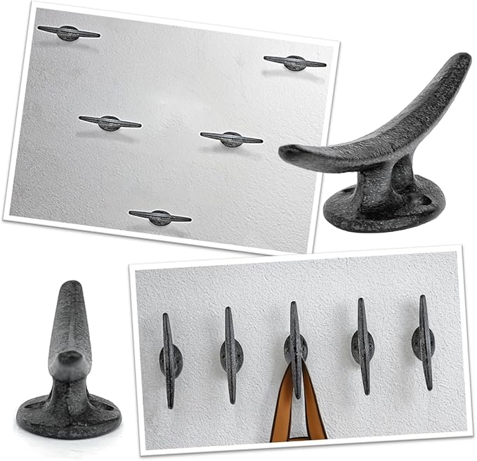 Ambipolar 5 Pack Decorative Cast Iron Heavy Duty Double Hooks, Wall Mounted Coat Hooks, Vintage Inspired (Antique Black) (Mooring Type)