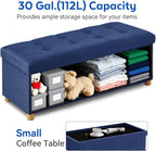 BRIAN & DANY 43 Inches Folding Storage Ottoman Bench, Ottoman with Storage Bench for Bedroom, Living Room, Entryway, Foot Rest with Legs, Blue