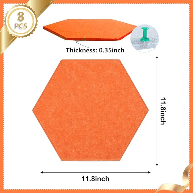 8 Packs Hexagon Felt Pin Board, 12" Bulletin Board with 30 Push Pins, Felt Board for Home Kitchen Office Decor, Self-Adhesive Corkboard Tiles for Walls School Message Photos Memos-Orange