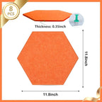8 Packs Hexagon Felt Pin Board, 12" Bulletin Board with 30 Push Pins, Felt Board for Home Kitchen Office Decor, Self-Adhesive Corkboard Tiles for Walls School Message Photos Memos-Orange