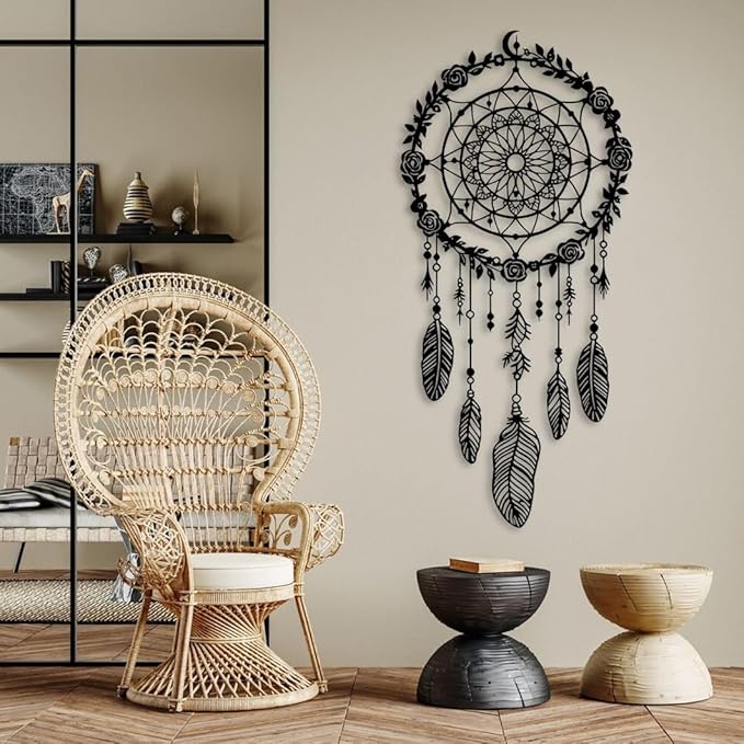 Maclou Metal Dream Catcher Wall Decor, Metal Feather Wall Art, Boho Dream Catcher Wall Decor for Living Room, Bedroom, Girls Room (Black,19x9 inch / 47x22 cm)