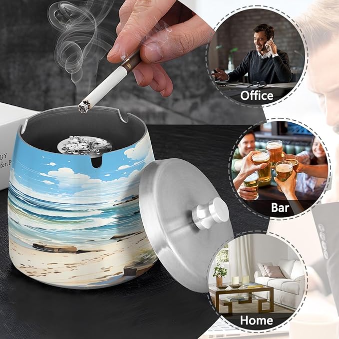 Watercolor Beach Sea Ashtray with Lid, Outdoor Ashtrays for Patio, Stainless Steel Ashtray Odorless Smokeless for Home Office Balcony