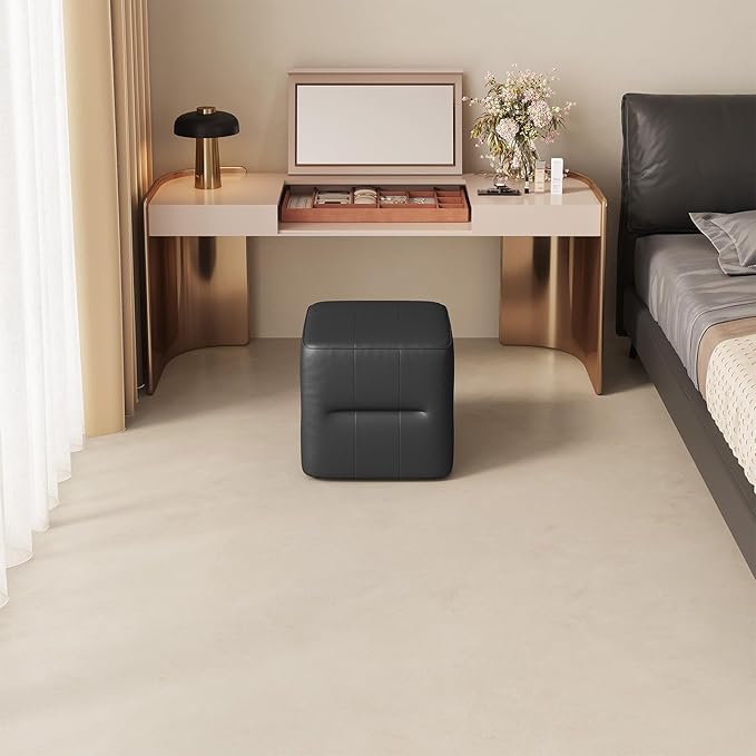 Black PU Cube Pouf Vanity Ottoman, Square Faux Leather Footrest Vanity Stool for Living Room, Bedroom, Kids Room, Comfy Floor Pouf for Home Decor