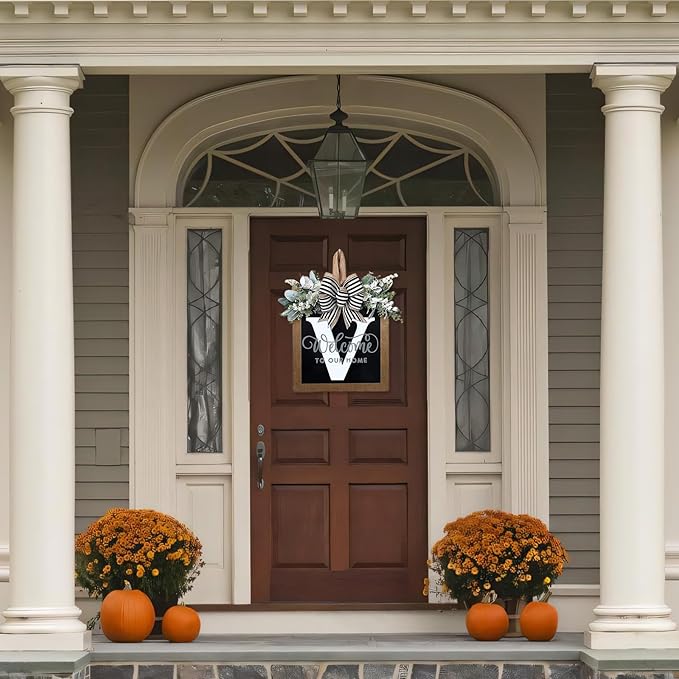Ultra Large 14'' Last Name All Year Round Front Door Wreath with 26 Initial Letter Welcome Sign All Seasons Eucalyptus Garland and Bow Wreaths for Front Door Porch Farmhouse Decoration (V)