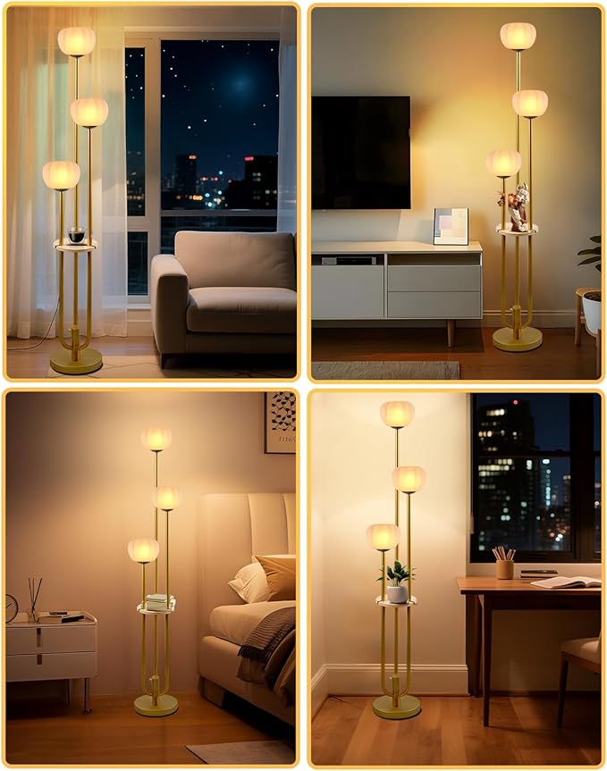 Lightdot Gold Floor Lamp with Table, Modern Dimmable Floor Lamps with Pumpkin Lampshade, 3000K Warm White Bulbs Included, 3-Light Tall Standing Lamp for Living Room/Bedroom/Sofa Beside/Corner Decor