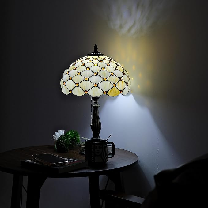 Tiffany Lamp Vintage White Cream Stained Glass Bead Table Lamp Desk Bedside Reading Light Decor Bedroom Living Room Home Office D12*H18 Inches