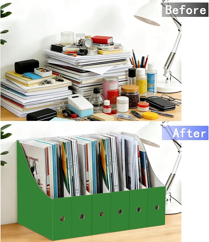 Limitliho Cardboard Magazine Holder for Desk, Book Bins for Classroom Library,Office,Home, 10.6" H x 10.2" L x 3.5" W in file holder (Green, 6 Pack)