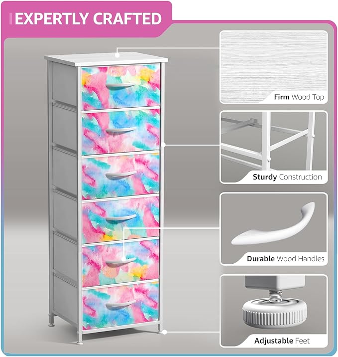 Sorbus Dresser Storage Tower, Organizer Drawers for Closet Boys & Girls Bedroom, Bedside Furniture, Chest for Home, College Dorm, Steel Frame, Wood Top, Tie-dye Fabric Bins (4-Drawer, Pastel Tie-dye)