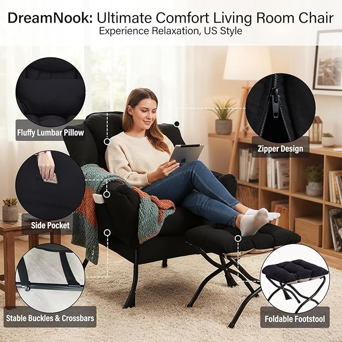 Lazy Chair with Ottoman, Modern Accent Chair with Lumbar Pillow, Black Sofa, Lounge Chairs with Folding Footrest, Oversized Supportive Chairs for Bedroom, Reading