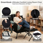 Lazy Chair with Ottoman, Modern Accent Chair with Lumbar Pillow, Black Sofa, Lounge Chairs with Folding Footrest, Oversized Supportive Chairs for Bedroom, Reading
