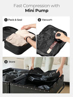 Vacuum Bags for Travel with Wireless Pump, 180° Open Zipper, IP67 Waterproof, Reusable Space Saver Compression Bags for Home Storage, Backpack, Suitcase(3 Pack + Pump)