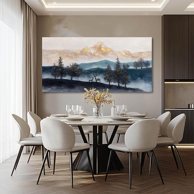 GAIDUOMAI Nature Wall Decorations For Living Room Navy Blue Mountain Tree Panting Gold Foil Artwork Modern Wall Prints for Dining Room Office 29"x58"