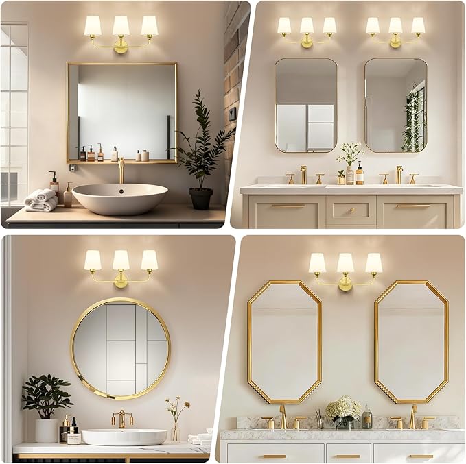 Kvhilw Bathroom Vanity Light, Brushed Gold Bathroom Light Fixtures, 3-Light Lighting Fixtures Over Miror, Modern Wall Sconce with Flared White Fabric Shade, E26 Socket(ETL Listed)
