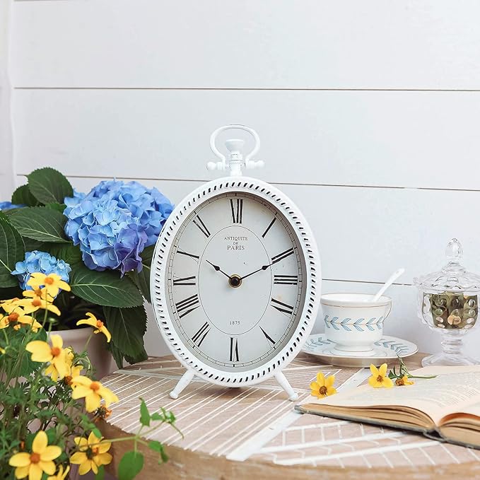 NIKKY HOME Vintage Table Clock, Metal White Table Clock Retro Non-Ticking Desk Clock Battery Operated Antique Non-Alarm Clocks for Bedroom Living Room Indoor Decoration