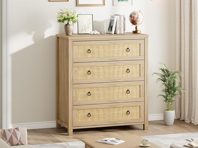 IDEALHOUSE Rattan Dresser for Bedroom, Chest of Dressers 37" Tall Dresser for Closet with 4 Rattan Drawers Chest with Clothes Storage Cabinet, Drawer Organizer for Bedroom, Living Room, Hallway