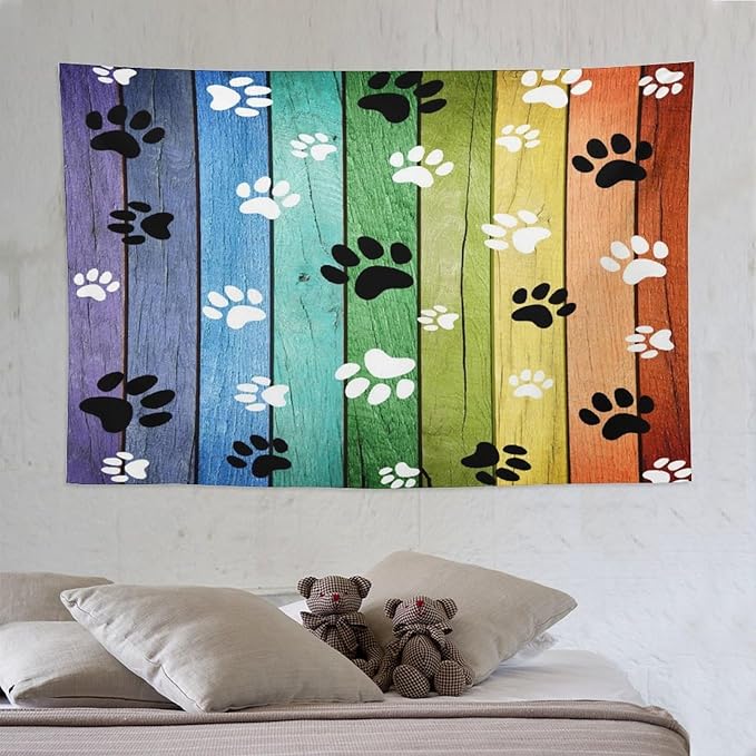 VUMIVI Dog Paw Tapestry Vintage Rustic Colorful Barn Boards Black White Animal Footprints Tapestry Wall Hanging for Living Room Bedroom Dorm Classroom Aesthetic Decor W90xL60in