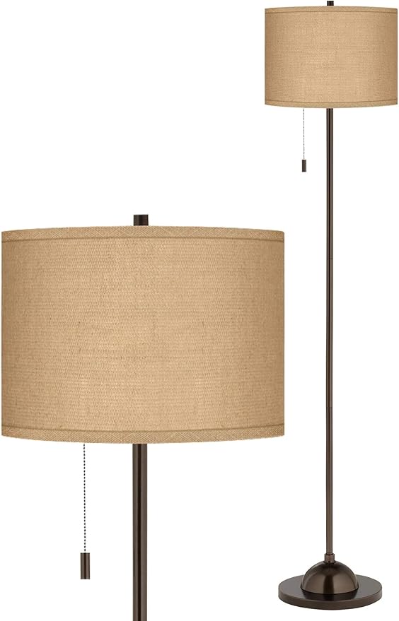 Possini Euro Design Modern Club Floor Lamp Slim Profile 62" Tall Tiger Bronze Tan Real Woven Burlap Fabric Drum Shade Standing Light Decor for Living Room Reading House Bedroom Home