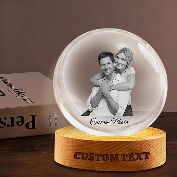 Personalized Photo Crystal Ball Engravable Text Picture Snow Globe Customized Crystal Frame Gifts for Family Couples Friends on Birthday Anniversary Halloween Thanksgiving Day