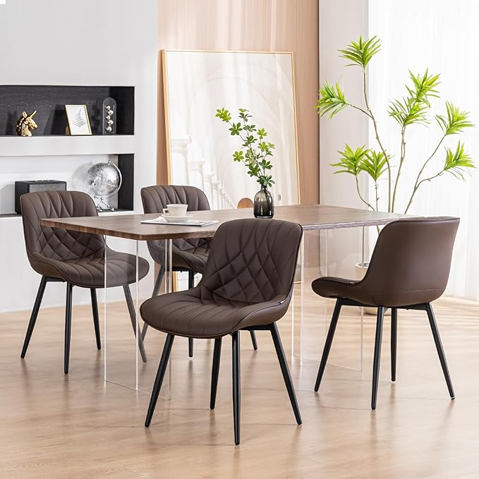 YOUNUOKE Dining Chairs Set of 2 Mid Century Modern Kitchen Chair Comfortable Upholstered Faux Leather Dinner Chairs for Kitchen Dining Room, Brown