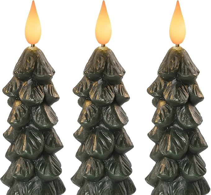 Homemory 3 PCS Flameless Taper Candles with 6-Hours Timer, 9.7 Inches Christmas Tree Candlesticks, Real Wax Battery Operated Window Candles with 3D Flickering Flame for Fireplace Christmas