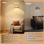 Gold Floor Lamps for Living Room, Arc Floor Lamp with Remote & Dimmable Bulb, Boho Standing lamp with 3 Color Temperatures, Adjustable Rattan & Fabric Shades Tall Lamp, Over Couch Reading Lamp