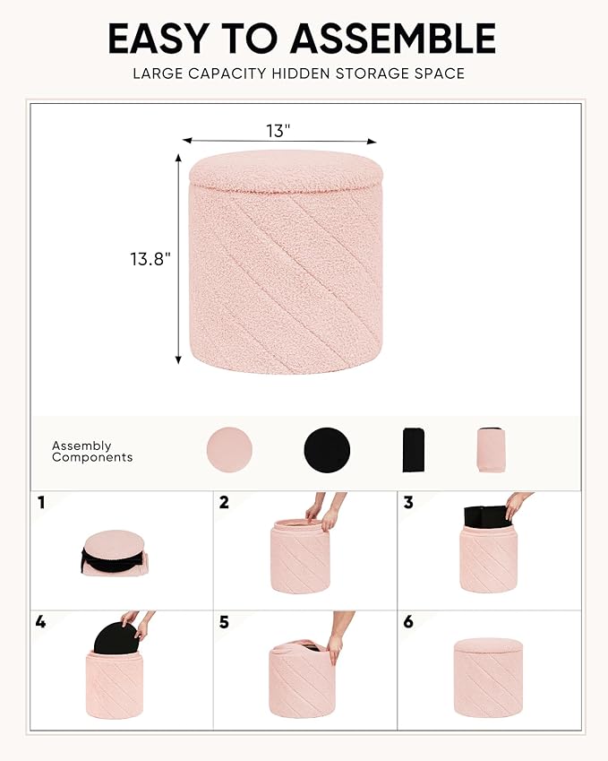 Round Ottoman with Storage, Boucle Foot Rest Stool with Reversible Tray Lid, Folding Teddy Ottoman Coffee Table for Dorm Living Room Bedroom Entryway, Pink,13" x 13" x 13.8"