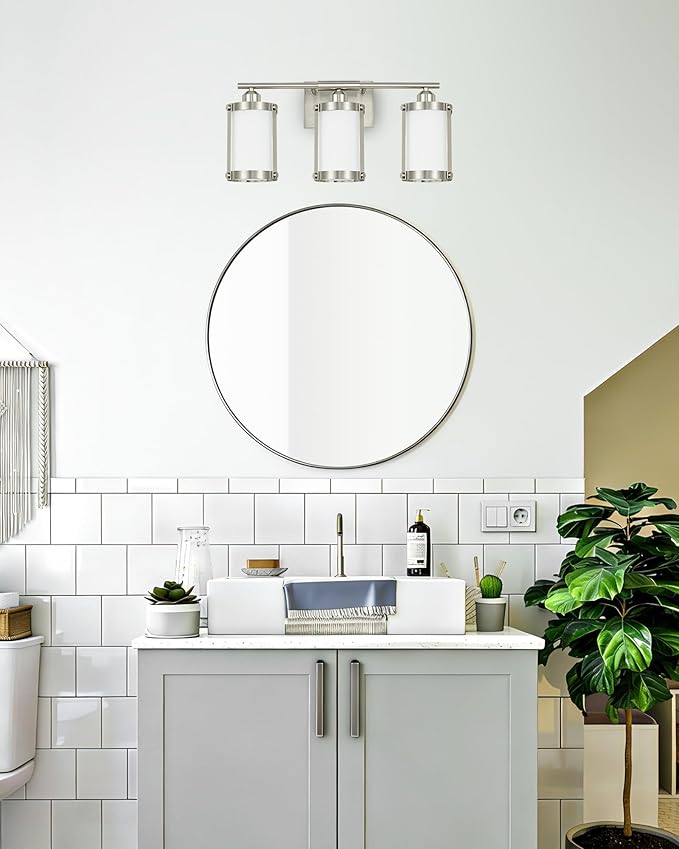 3-Light Brushed Nickel Bathroom Light Fixtures with Milk Frosted Glass, 21" Modern Bathroom Vanity Lighting Fixtures Over Mirror with Metal Cage, Wall Sconce Lights for Bath, E26, OS-3014BNW-3W