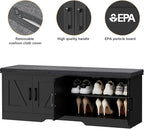 2-Tier Storage Bench, 47.2" Wide Shoe Bench with Padded Seat Cushion, Entryway Bench with 4 Barn Doors and Adjustable Shelf, Black