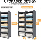 5 Shelves Hanging Closet Organizer – Foldable Dual-Row Hanging Clothes Storage with 3 Hooks, Space-Saving Closet Organizer and Storage for Sweater and Hats, Ideal for Dorms and Bedroom, Grey