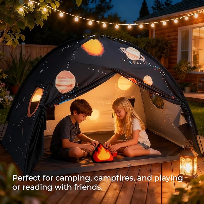 Tiny Land Space Galaxy Bed Tent for Kids – Sleep Bed Canopy with 9 Planets Design, Easy-to-Install Indoor Kids Play Tent, Imaginative Playhouse, Ideal Gift for Boys & Girls – 77" x 40" x 46"