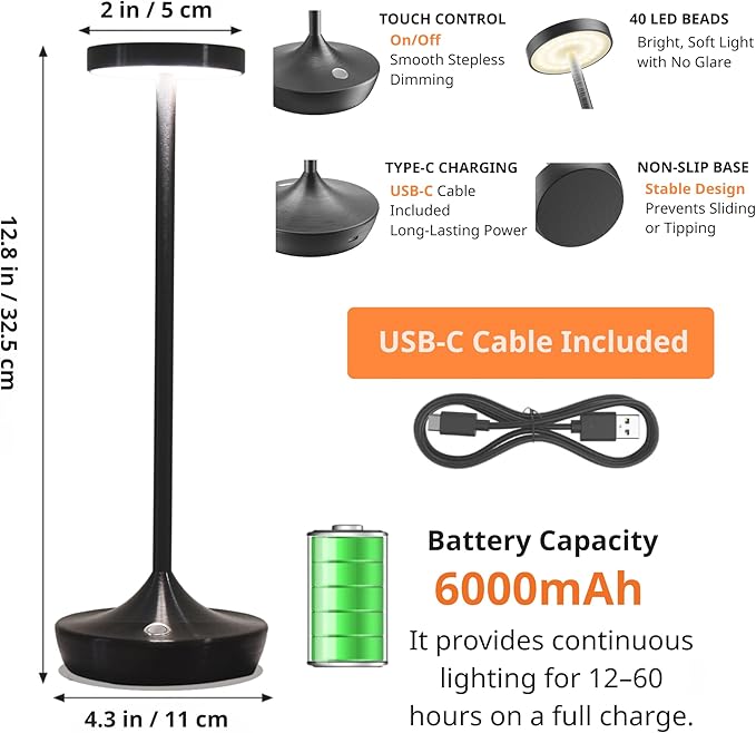 Cordless Table Lamp Rechargeable - 6000mAh LED Battery Operated Table Light - Portable Touch Dimmable Outdoor Waterproof Table Lamps for Patio Restaurant Dining (2 Black)