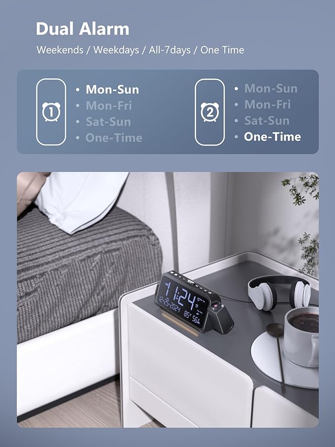Projection Alarm Clock,Digital Clock with 350° Rotatable Projector,Weekday/Weekend Mode,5-Level Dimmer,Adjustable Volume,Temp & Humidity Monitor,Calendar,Snooze,12/24H,DST,Battery Backup, for Bedroom
