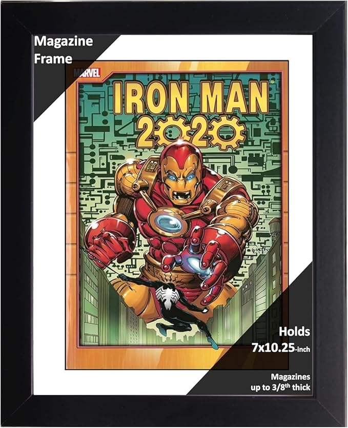 Creative Picture Frames 7 x 10.25 Magazine Comic Book Frame with Full-Strength Glass, Holds Up To A 1/4" Thick Media with Installed Hangers for Easy Mounting, 8x12 Black Frame with White Mat