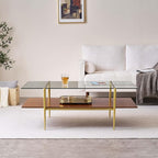 X-Large Rectangle Glass Coffee Table, Mid-Century Modern Design for Living Room, L47xW24xH17 inch, 2-Tier Structure, Clear Glass Top and Walnut MDF Shelf, Conical Metal Legs with Gold Finish