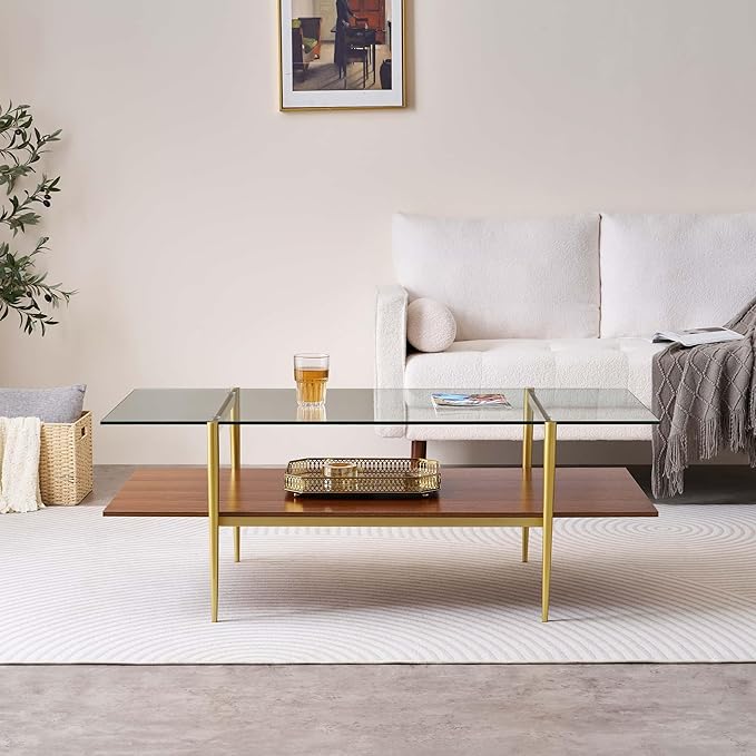 X-Large Rectangle Glass Coffee Table, Mid-Century Modern Design for Living Room, L47xW24xH17 inch, 2-Tier Structure, Clear Glass Top and Walnut MDF Shelf, Conical Metal Legs with Gold Finish