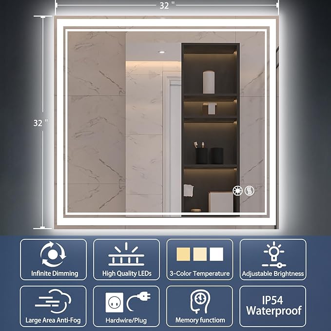 32“ x 32” LED Mirror for Bathroom Bathroom Mirror with Lights Front and Backlit LED Bathroom Mirror Anti-Fog Dimmable 3 Colors Smart Mirror Memory Function Wall Mounted