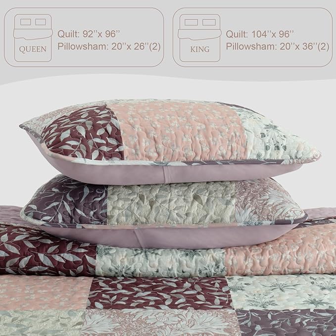 Exclusivo Mezcla Reversible Boho Quilts Queen Size, Brown Bedspreads Lightweight Coverlet All Season Patchwork Quilt Bedding Set with Printed Floral Pattern (1 Quilt, 2 Pillow Shams)