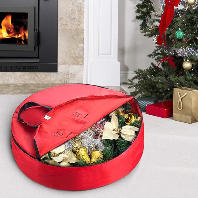 Primode Heavy Duty Wreath Storage Bag 30"- Garland Wreaths Container with Handles - Durable 600D Oxford Polyester Material Xmas Holiday Wreaths Storage Holder 30” (Red)
