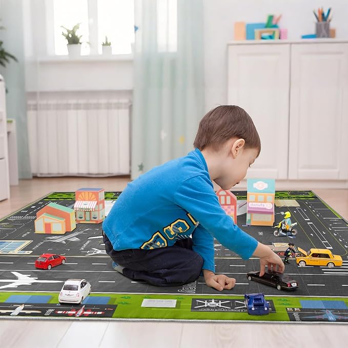 Airport Runway Play Rug for Kids - Interactive Airplane Faux Wool Rug with Aircraft Traffic System Design, Non-Slip Educational Aviation Carpet for Nursery, Playroom & Bedroom Gifts.