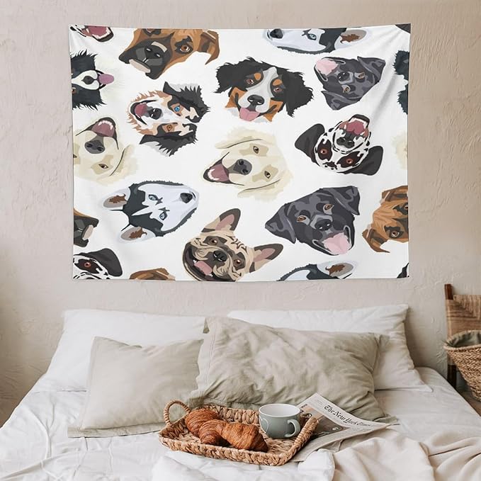 VUMIVI Dog-Head Tapestry Cartoon Pet Illustrations Cute Funny Animals Colorful Graffiti Tapestry Wall Hanging for Living Room Bedroom Dorm Classroom Aesthetic Decor W40xL30in