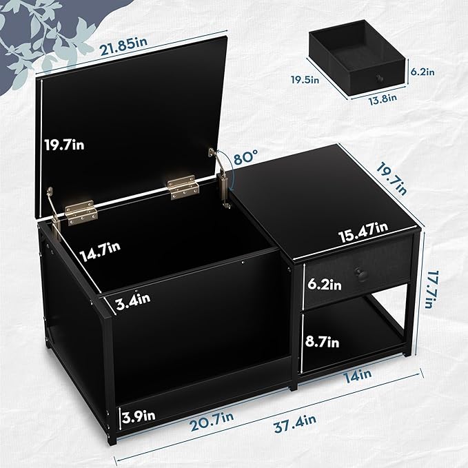 SINPAID Coffee Table with Storage, Rectangular Coffee Tables for Living Room, Modern Coffee Table with Hidden Storage Compartment and Adjustable Shelves, Black